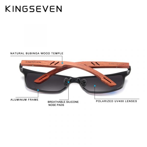 KINGSEVEN – lunettes de soleil de styliste faites à la main, polarisées en bois naturel + aluminium, carrées UV400 3