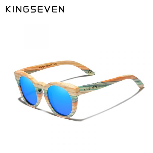 KINGSEVEN – lunettes de soleil rondes en bambou pour hommes et femmes, faites à la main, verres polarisés miroir, cadre complet, nuances de bois, Logo personnalisé 3