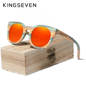 KINGSEVEN – lunettes de soleil rondes en bambou pour hommes et femmes, faites à la main, verres polarisés miroir, cadre complet, nuances de bois, Logo personnalisé 1