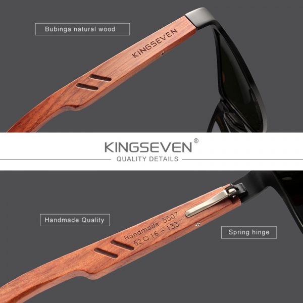 KINGSEVEN – lunettes de soleil de styliste faites à la main, polarisées en bois naturel + aluminium, carrées UV400 2