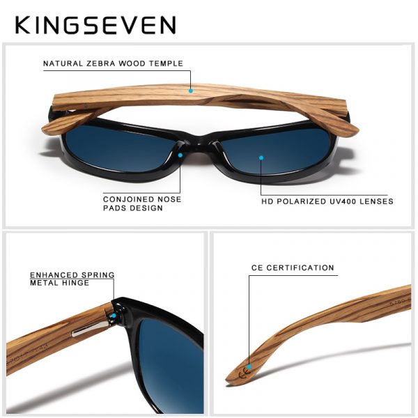 KINGSEVEN – lunettes de soleil carrées polarisées en bois pour hommes et femmes, verres miroir, Protection UV400, pour la conduite 3