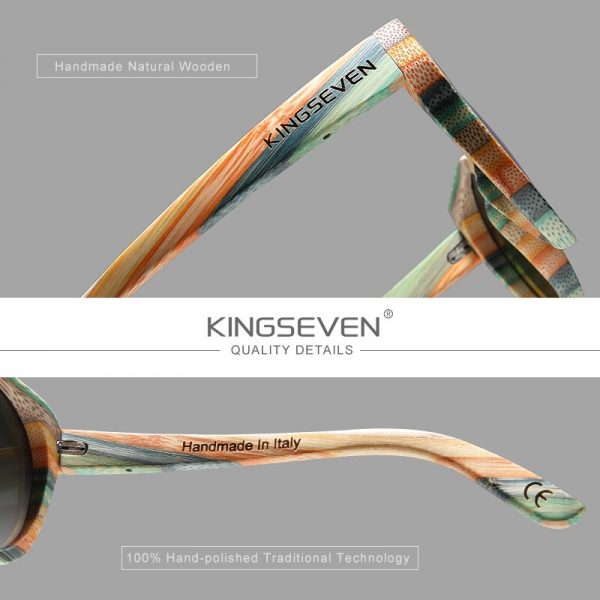 KINGSEVEN – lunettes de soleil rondes en bambou pour hommes et femmes, faites à la main, verres polarisés miroir, cadre complet, nuances de bois, Logo personnalisé 4