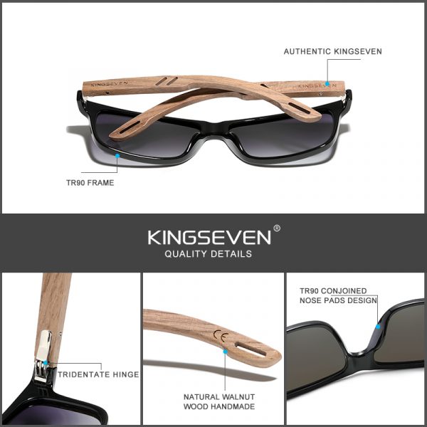 KINGSEVEN – lunettes de soleil en bois de noyer naturel TR90 + pour hommes et femmes, verres rétro polarisés UV400, charnière renforcée, 100% 4