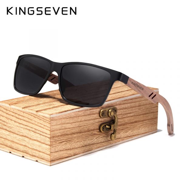 KINGSEVEN – lunettes de soleil en bois de noyer naturel TR90 + pour hommes et femmes, verres rétro polarisés UV400, charnière renforcée, 100% 1