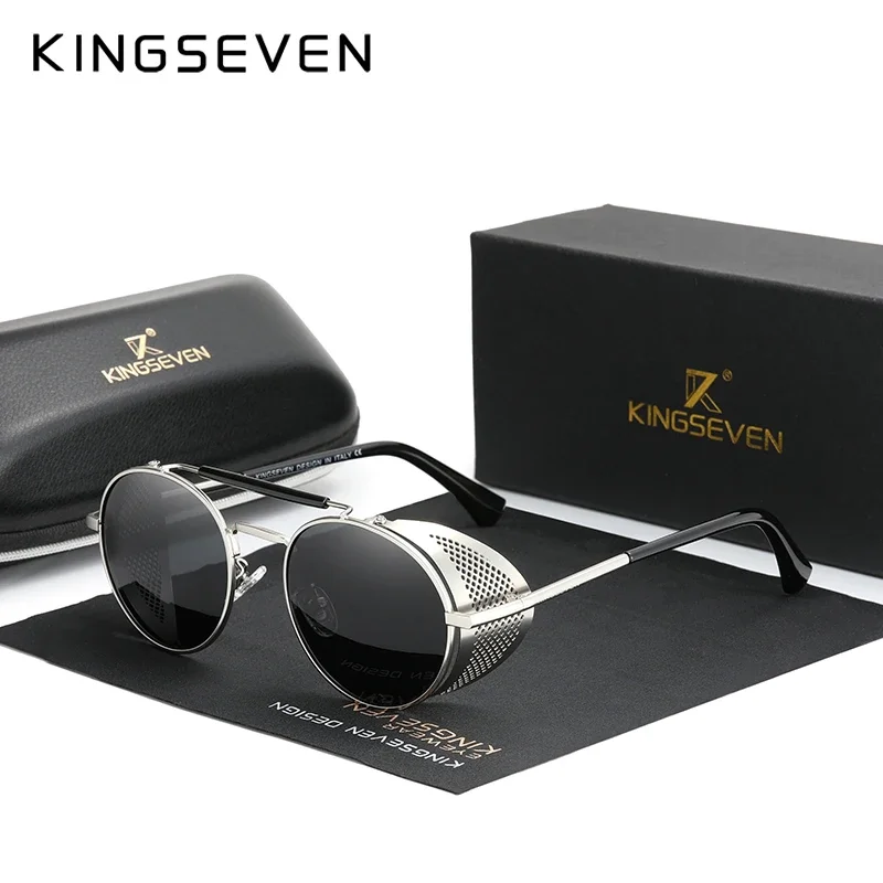 KINGSEVEN mode Steampunk Vintage lunettes de soleil hommes lentille ronde polarisée lunettes de Protection des yeux conduite lunettes pour hommes 1