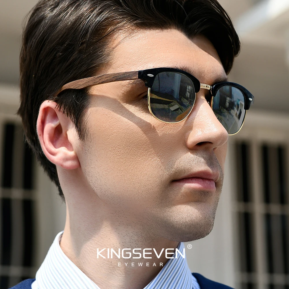 KINGSEVEN – lunettes de soleil en bois de noyer faites à la main pour hommes et femmes, polarisées, semi-sans monture, Protection UV400, rétro, mise à niveau de qualité 4