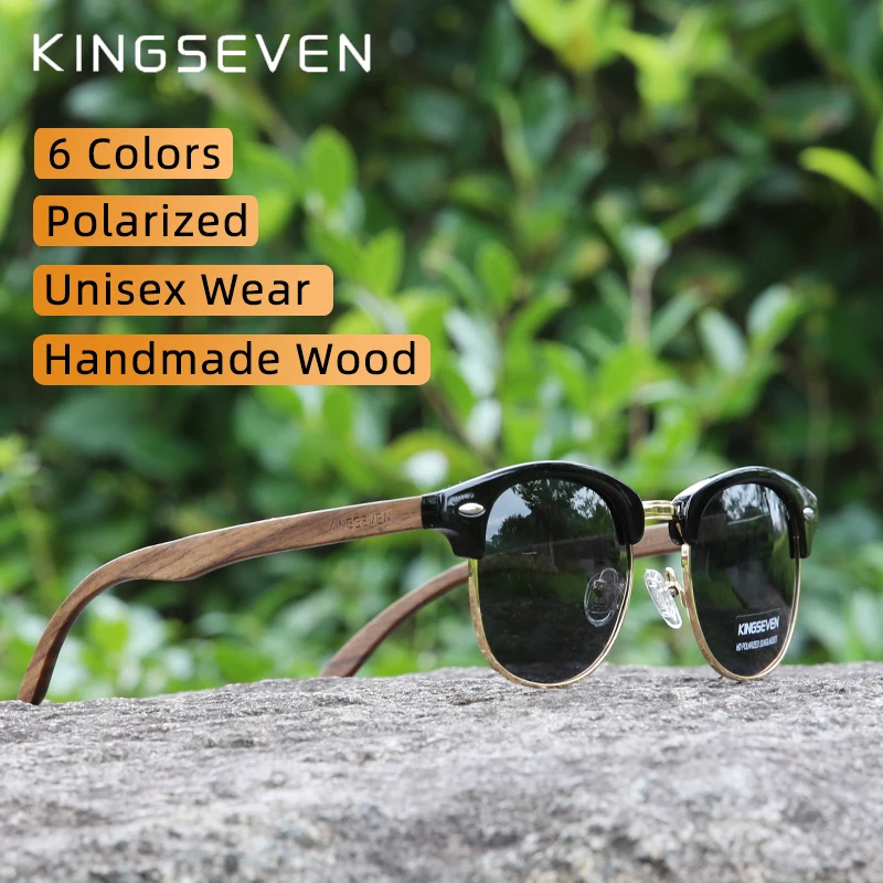KINGSEVEN – lunettes de soleil en bois de noyer faites à la main pour hommes et femmes, polarisées, semi-sans monture, Protection UV400, rétro, mise à niveau de qualité 1