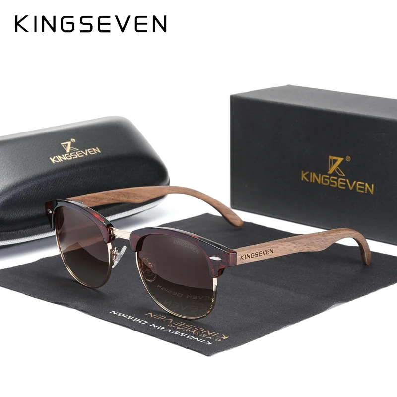 KINGSEVEN – lunettes de soleil en bois de noyer faites à la main pour hommes et femmes, polarisées, semi-sans monture, Protection UV400, rétro, mise à niveau de qualité 5