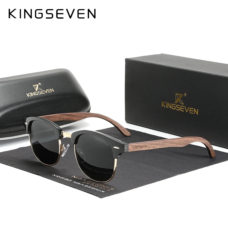 KINGSEVEN – lunettes de soleil en bois de noyer faites à la main pour hommes et femmes, polarisées, semi-sans monture, Protection UV400, rétro, mise à niveau de qualité 6